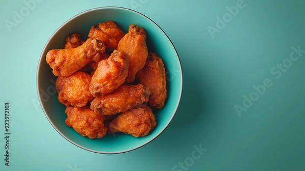 Fototapeta Crispy buffalo chicken wings in a turquoise bowl | Overhead view of spicy fried wings | Vibrant teal background contrasts with golden wings | Ideal for fast food and snack visuals