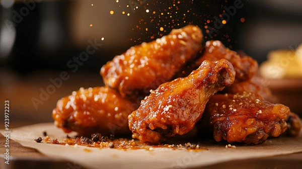Fototapeta Crispy buffalo chicken wings on parchment paper | Close-up of wings with sauce splashes and seasoning | Warm, blurred background adds depth | Ideal for BBQ ads and spicy food visuals