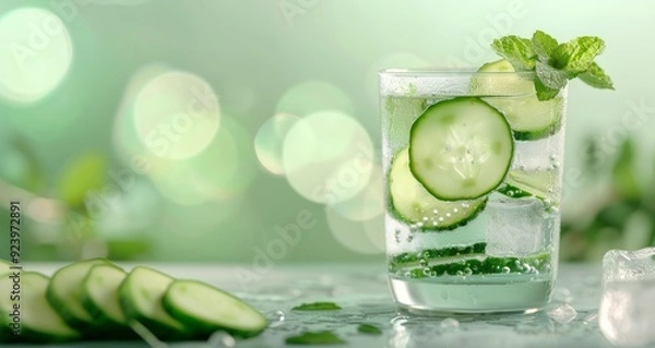 Fototapeta Refreshing Cucumber Mint Beverage With Ice in Modern Setting