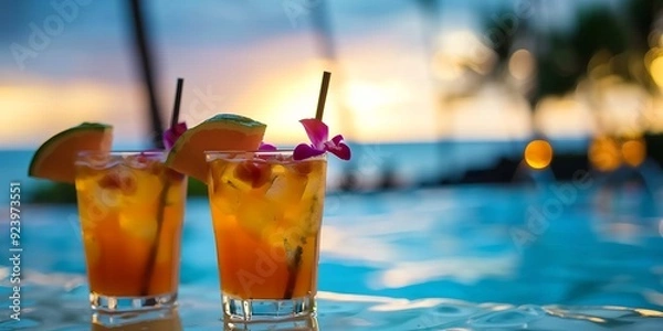 Fototapeta Close up of two glasses of Hawaii mai tai drinks on waikiki beach resort swimming pool border frame, travel tropical sea view backgrounds.
