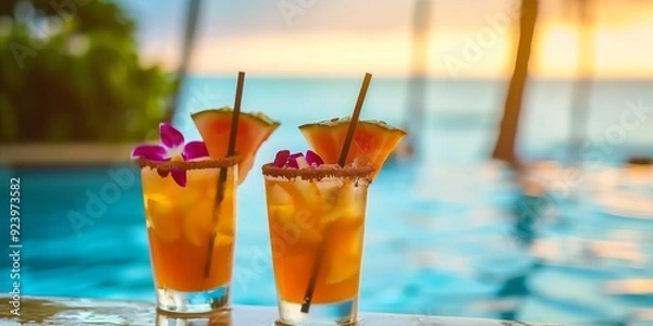 Fototapeta Close up of two glasses of Hawaii mai tai drinks on waikiki beach resort swimming pool border frame, travel tropical sea view backgrounds.