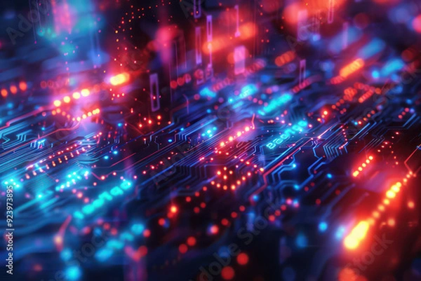 Fototapeta High-tech encryption visualized as a complex maze of glowing lines and nodes, symbolizing secure data paths. Virtual world of data and technology. Concept AI futuristic technology, innovation