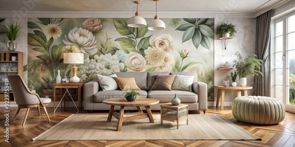 Fototapeta Floral Living Room Interior Design with Gray Sofa and White Pendant Light, Interior Design, Living Room, Floral Wallpaper, Modern Design