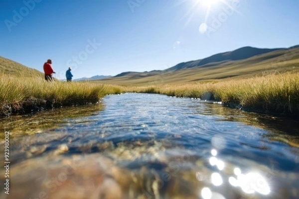 Fototapeta Scientists monitoring natural aquifer in remote landscape under sunny skies