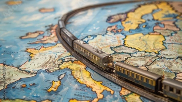 Fototapeta A close-up of a detailed train model traveling across a  map  , with tracks laid out between major cities, ample copy space in the sky above.