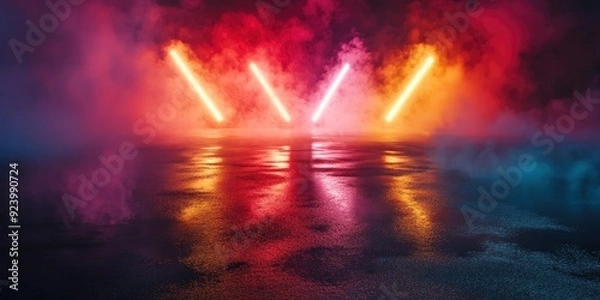 Fototapeta Rays searchlight light neon . Dark empty scene with smoke. Reflections on wet asphalt , ai