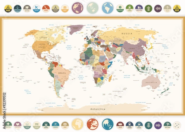 Obraz Political World Map with flat icons and globes.Vintage colors.