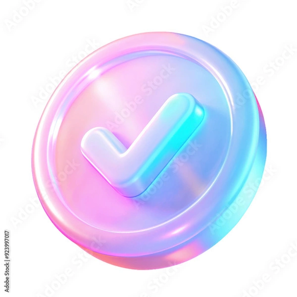 Fototapeta Glossy 3D checkmark icon featuring pastel colors of blue, pink, and purple. The smooth and vibrant design has a modern, abstract, and futuristic appearance. Isolated on transparent background, png.