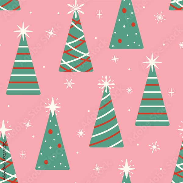 Fototapeta Christmas tree pattern background. Cute vector festive decorative repeat design for wrapping paper
