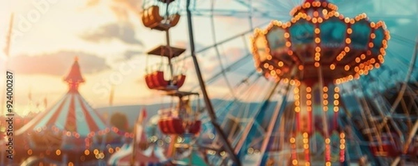Fototapeta Vibrant amusement park scene with hot air balloons, rides, and a golden sunset. Free copy space for text.