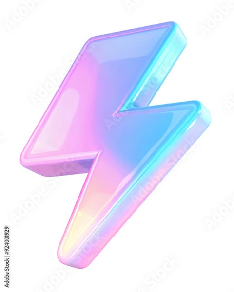 Fototapeta 3D lightning bolt featuring pastel gradient colors of blue, pink, and purple. The sharp, vibrant design gives a bold and futuristic look. Isolated on transparent background, png.