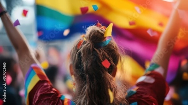 Obraz Youthful person captured from behind, joyfully waving a vividly colored rainbow flag amidst a flurry of colorful confetti during a lively celebration.
