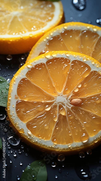 Fototapeta Oranges and Orange Slices with Water Splashes and Drops, Minimalist Geometric, Abstract Image, Texture, Pattern Background, Wallpaper, Cover and Screen of Smartphone, Cell Phone, Computer, Laptop, 9:1