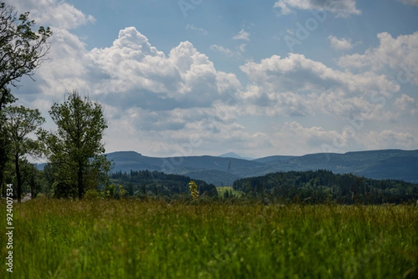 Fototapeta Wide-angle view of a natural valley surrounded by wooded hills and dominated by a blue silhouette of a mountain in the distance. The image conveys harmony, calmness, and connection with nature.