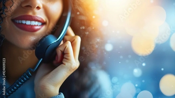 Fototapeta Smiling customer service representative wearing headset and talking on phone.