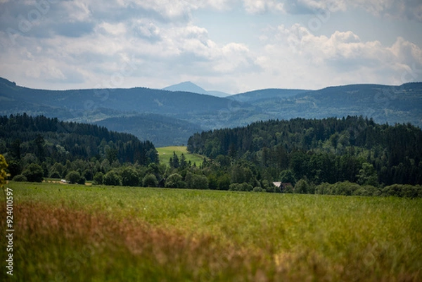 Fototapeta Idyllic summer landscape with layers of forested hills, a green valley, and a distant mountain under a cloudy blue sky. Peaceful countryside scenery perfect for themes of relaxation and eco-tourism.
