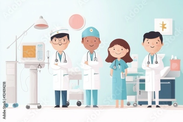 Obraz Vibrant Hand-Drawn Illustration of Diverse Healthcare Workers in a Colorful Emergency Room - Medical Occupation Vector Artwork