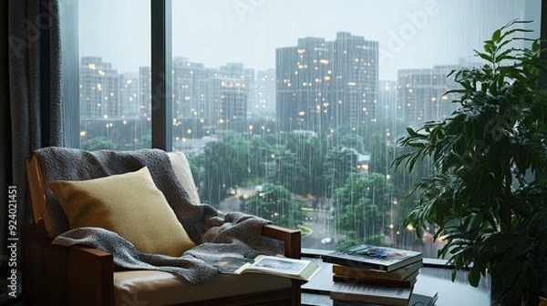 Fototapeta Cozy Reading Nook by Rainy Window with Warm Lighting and Comforting Atmosphere