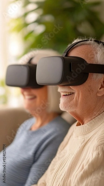 Obraz Senior couple enjoying virtual reality experience together, showcasing technology in modern living and connectivity.
