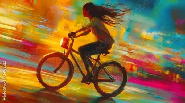 Fototapeta Vibrant Journey, a lively illustration of a young girl joyfully riding her bicycle through a whimsical landscape,