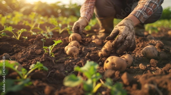 Obraz Hands digging fresh potatoes from soil in garden, autumn harvest and organic farming