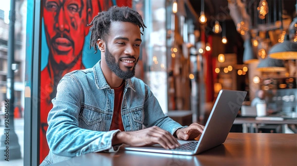 Obraz Young man working on laptop in modern cafe with urban art and warm lighting
