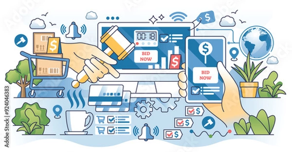 Fototapeta Online auction and digital bid website for purchases outline hands concept. Sale competition with bidding process to sale product for best price vector illustration. E-auction platform on internet.