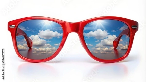 Obraz Red sunglasses reflecting sky and clouds isolated on white background, sunglasses, red, sky, clouds, reflection, isolated
