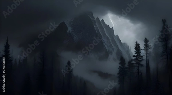 Obraz Majestic Mountain Shrouded in Storm Clouds with Lightning Strike