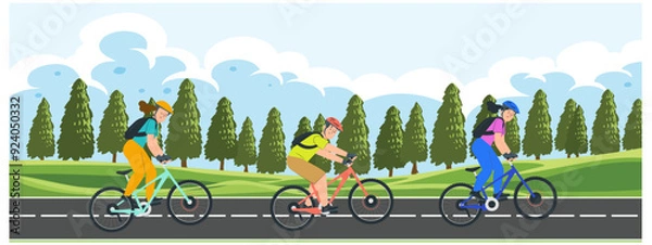 Obraz Students are participating in a bicycle racing championship on the racetrack. Vector illustration.	