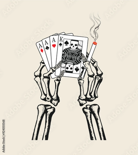 Fototapeta Skeleton hands holding playing cards and a cigarette in a vintage illustration