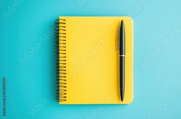 Fototapeta Yellow notebook with pen on blue background