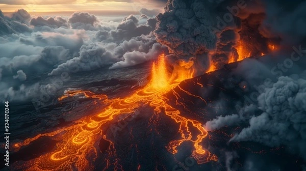 Fototapeta A breathtaking aerial view of a volcanic eruption, with plumes of ash and smoke.