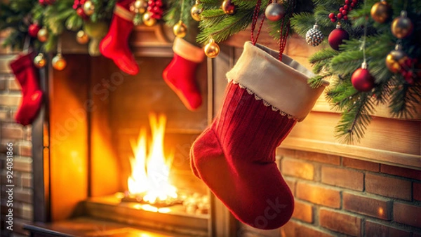 Fototapeta Christmas fireplace with stockings and holiday decorations