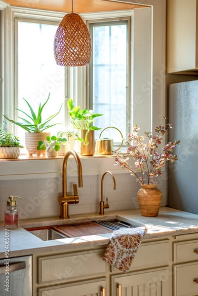 Obraz Light and bright kitchen workstation sink with houseplants