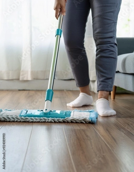 Obraz Housekeeper mopping the laminate wooden floor and cleaning dust during chores daily routine.