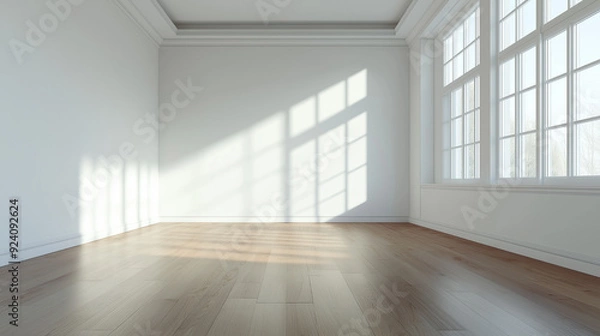 Fototapeta Элегантная пустая комната, современный, минималистский интерьер, с большими окнами, солнечный, архитектурный дизайн, теплые цвета, просторная композиция, современный стиль, концепция дизайна интерьера