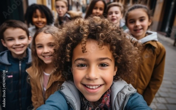 Fototapeta A group of children with curly hair are smiling for a picture. Scene is happy and cheerful