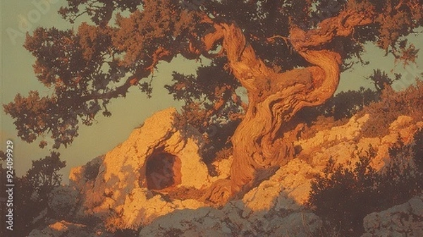 Fototapeta   A tree emerging from a crevice within a stone cliff face, with a cavern nestled inside its trunk