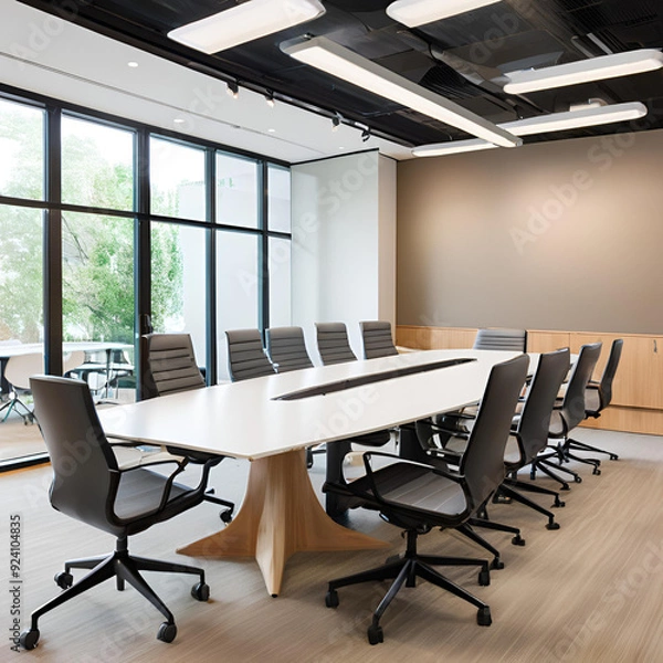 Fototapeta Meeting room with a table in the center, chairs around it and a painting on the wall. AI generated