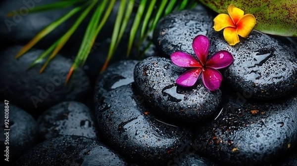Fototapeta   A cluster of black stones featuring a flower on top, alongside a banana leaf and another flower