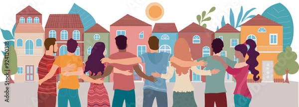 Fototapeta Community and sharing between neighbors. Neighborhood concept meeting or acts of care - care jobs. Group of embracing multicultural people seen from behind with a background of houses