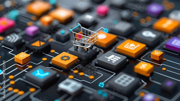 Fototapeta A shopping cart surrounded by diverse icons representing various products and services, illustrating a vibrant shopping experience.
