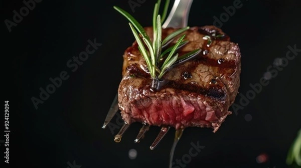 Fototapeta Grilled beef ribeye steak with rosemary on a fork isolated on dark background
