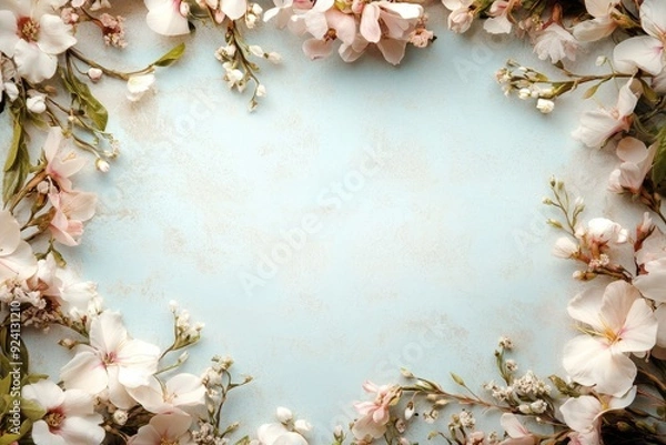 Fototapeta Elegant floral border with vibrant flowers lush greenery on light background. Ideal for decorative designs wedding invitations or romantic designs valentines day, mother's day, women's day