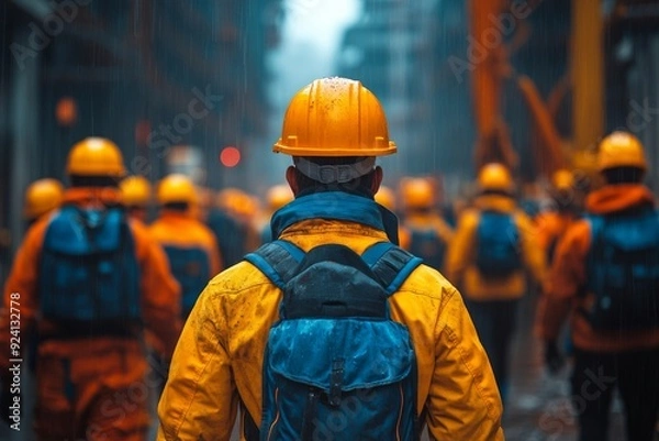 Obraz A group of construction workers with yellow hard hats, blue vests. Generative AI