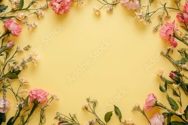 Fototapeta Elegant floral border with vibrant flowers lush greenery on light background. Ideal for decorative designs wedding invitations or romantic designs valentines day, mother's day, women's day