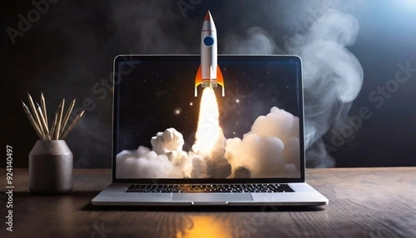 Fototapeta Launching space rocket from laptop screen with pencils on desk. Business start-up concept