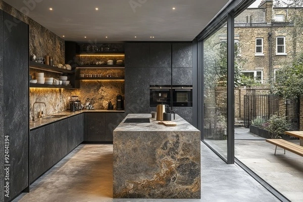 Obraz Sleek minimalist kitchen with modern design and natural light in a contemporary home