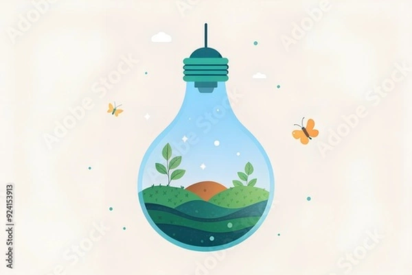 Fototapeta A light bulb repurposed as a terrarium, filled with delicate moss, small flowers, and tiny butterflies